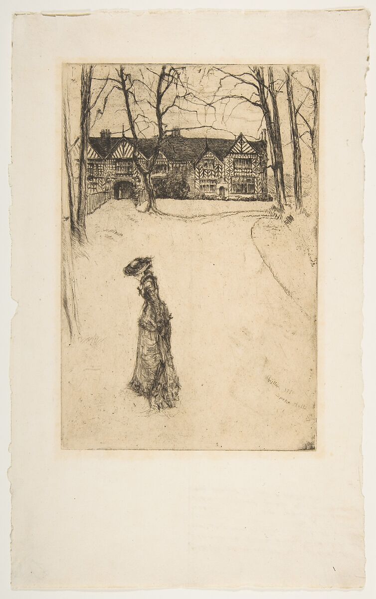 Speke Hall, No. 1, James McNeill Whistler (American, Lowell, Massachusetts 1834–1903 London), Etching and drypoint, printed in black ink on ivory laid paper removed from a book; tenth state of fourteen (Glasgow); (unrelated pen and brown ink manuscript verso)