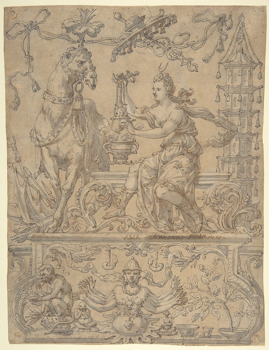 Allegory of Asia, from the Four Continents, Godfried Maes (Antwerp 1649–1700 Antwerp), Pen and gray and brown ink, brush and gray wash 