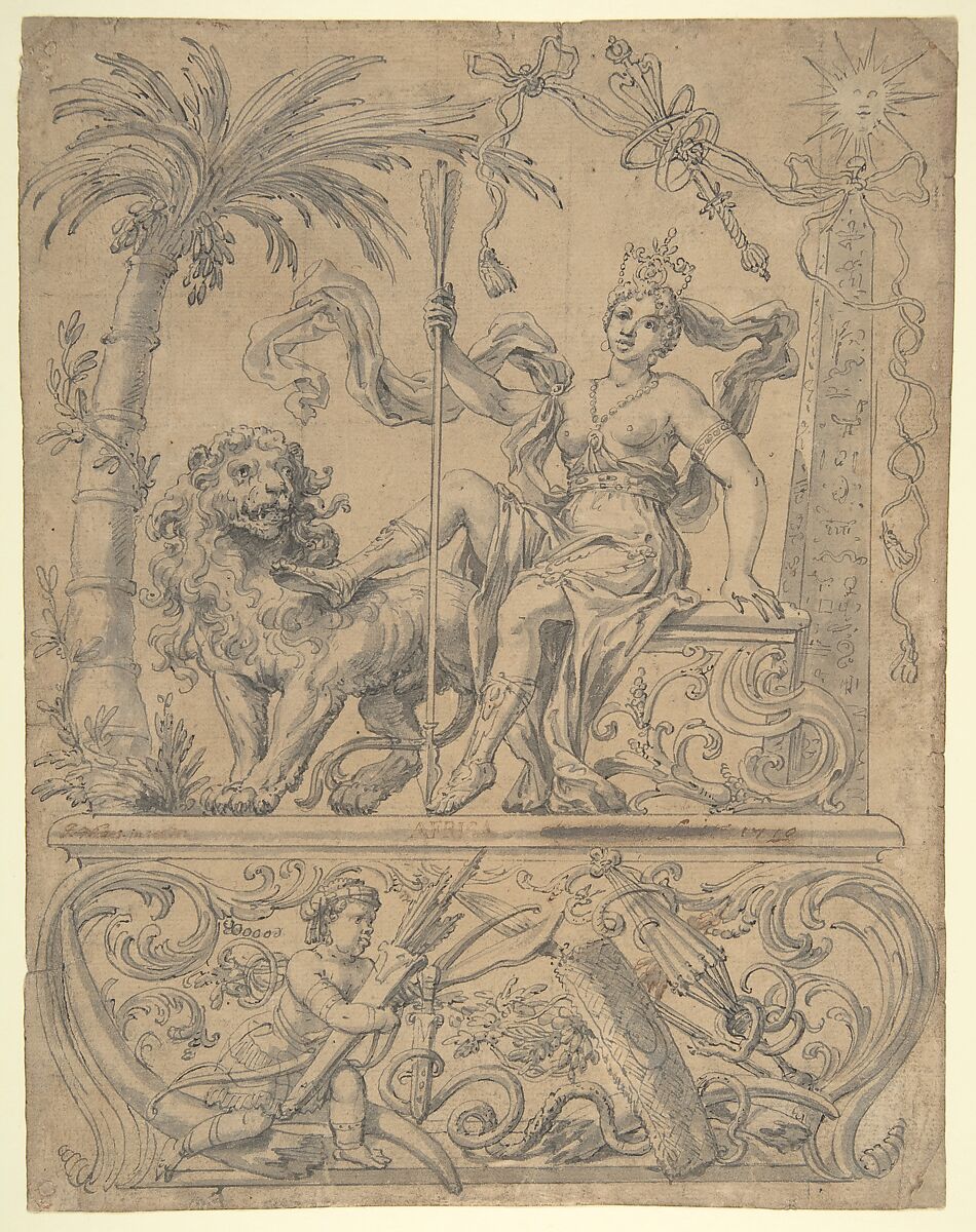 Allegory of Africa, from the Four Continents, Godfried Maes (Antwerp 1649–1700 Antwerp), Pen and gray and brown ink, brush and gray wash 