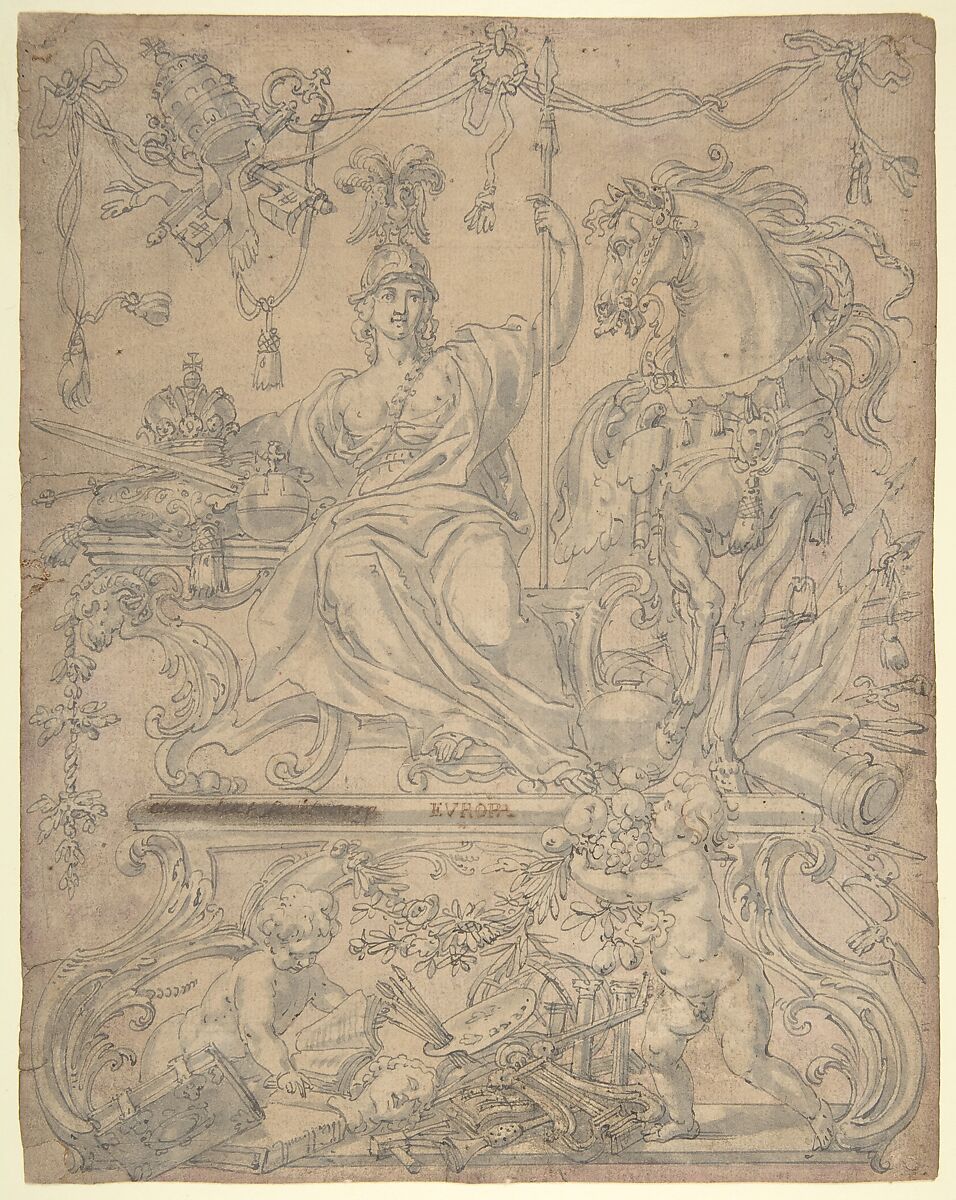 Allegory of Europe, from the Four Continents, Godfried Maes (Antwerp 1649–1700 Antwerp), Pen and gray ink, brush and gray wash 