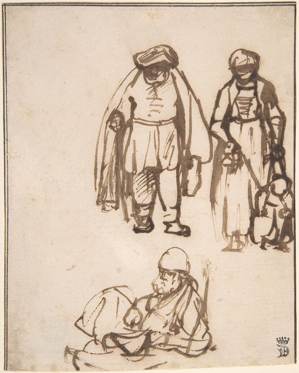 Studies of Two Men and a Woman Teaching a Child to Walk, Nicolaes Maes (Dutch, Dordrecht 1634–1693 Amsterdam), Pen and brown ink, with framing line in pen and brown ink 
