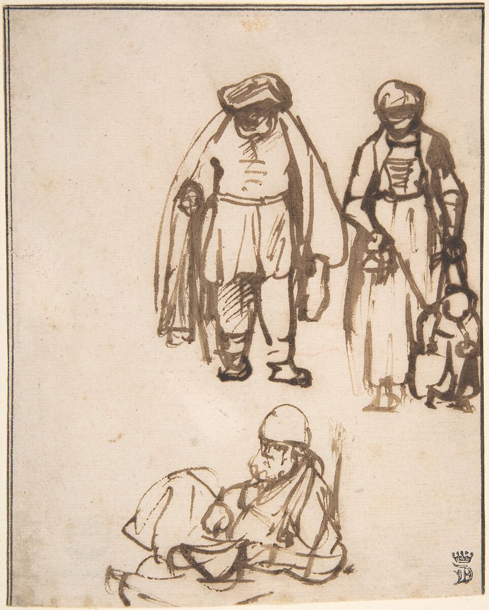 Studies of Two Men and a Woman Teaching a Child to Walk, Nicolaes Maes (Dutch, Dordrecht 1634–1693 Amsterdam), Pen and brown ink; framing lines in pen and brown ink 