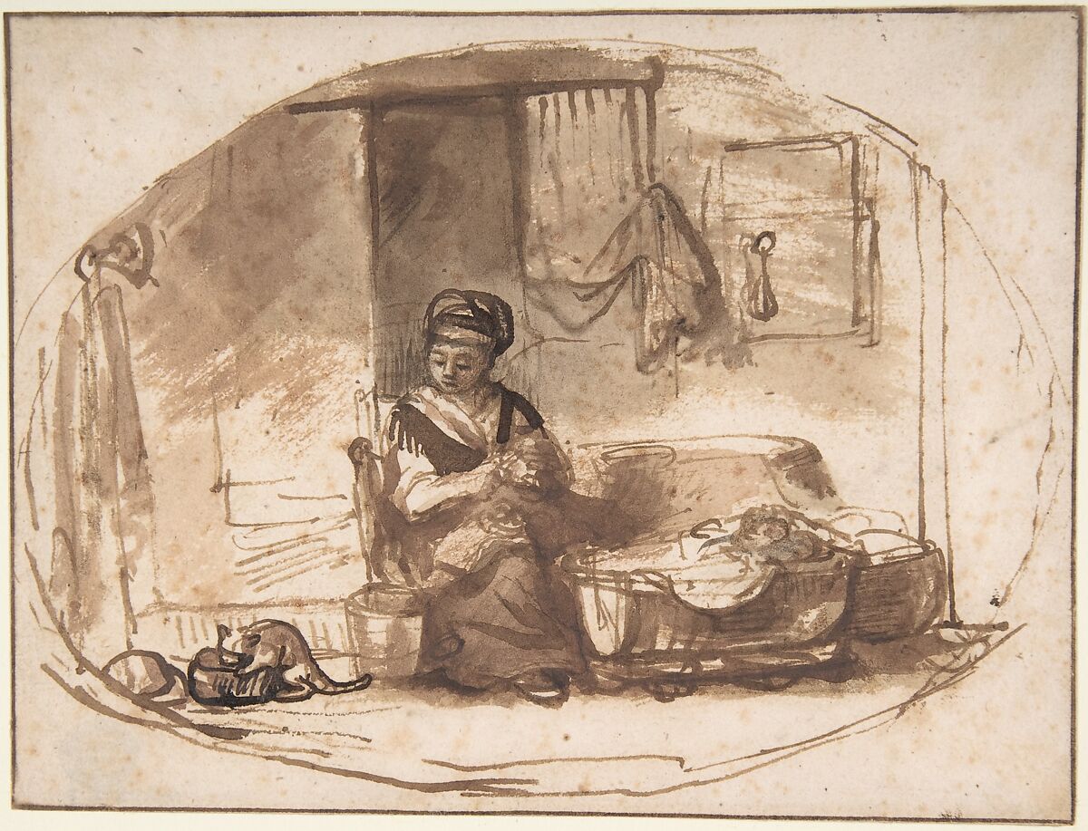 The Young Mother, Nicolaes Maes  Dutch, Pen and brown ink, brush and brown wash, with framing line in pen and brown ink