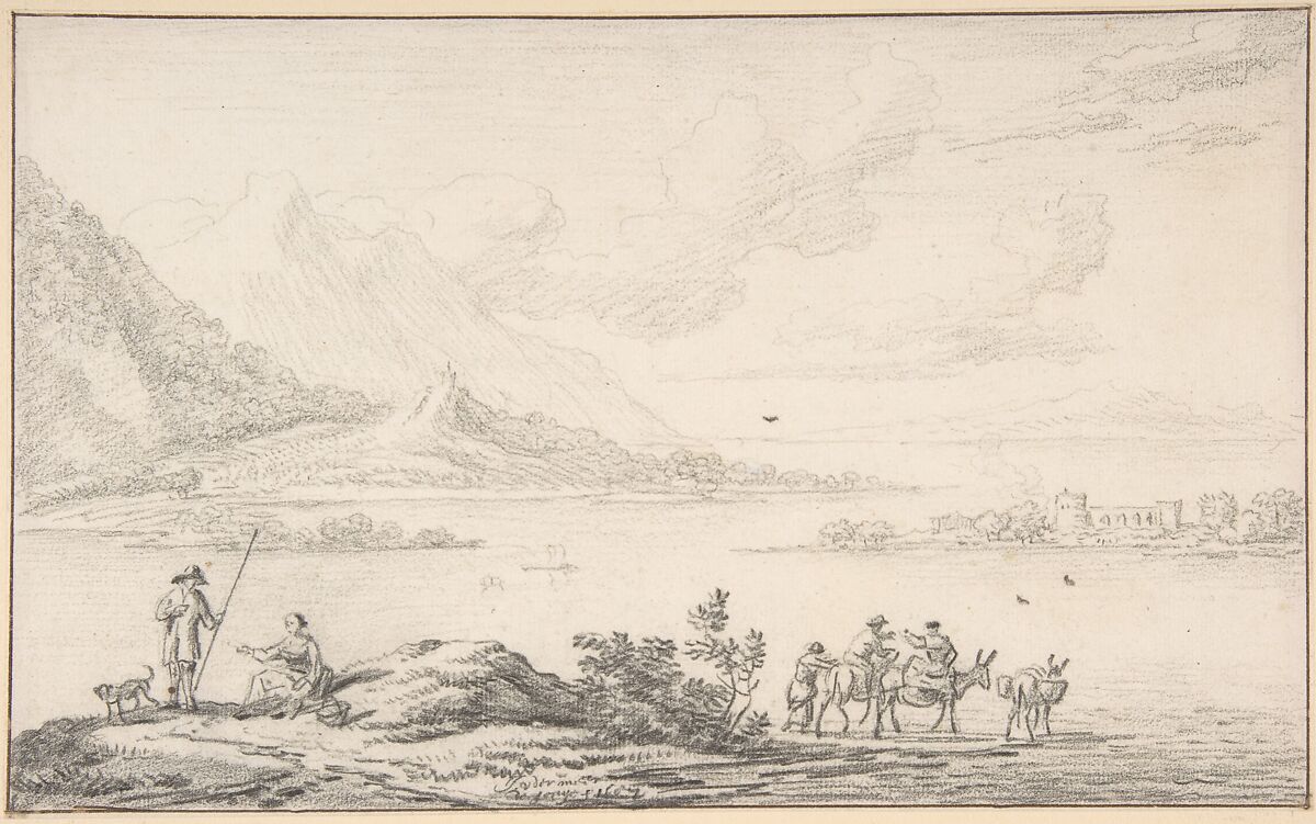 Landscape with mountains and a lake, figures in the foreground, Jan van der Meer the Younger (Dutch, Haarlem 1656–1705 Haarlem), Black chalk 