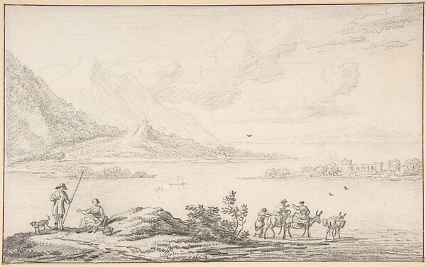 Landscape with mountains and a lake, figures in the foreground