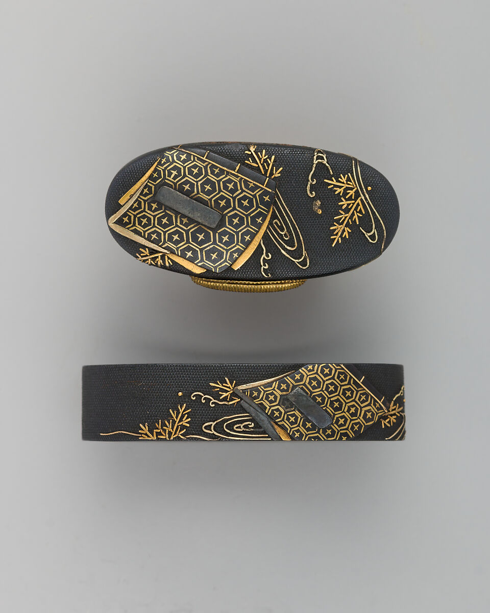 Sword-Hilt Collar and Pommel (Fuchigashira), Copper-gold alloy (shakudō), gold, Japanese 