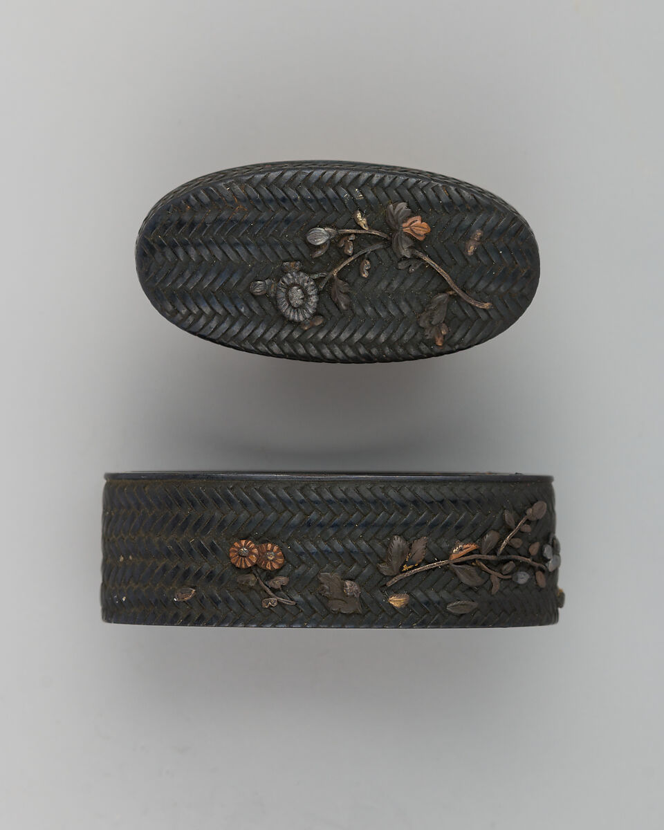 Sword-Hilt Collar and Pommel (Fuchigashira), Copper-gold alloy (shakudō), copper, silver, Japanese 