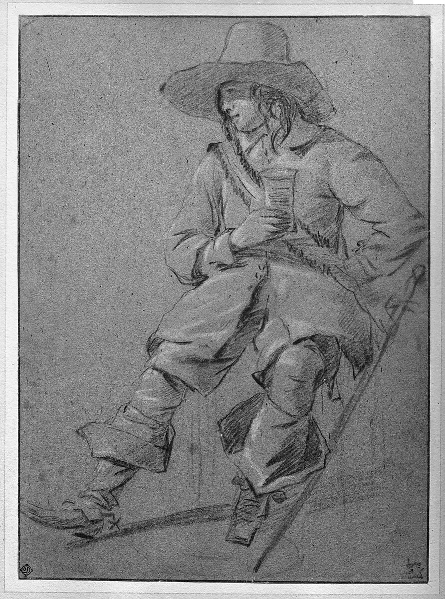 Seated Cavalier with Glass, Gabriël Metsu (Dutch, Leiden 1629–1667 Amsterdam), Black chalk heightened with white on blue gray paper. Pasted down.