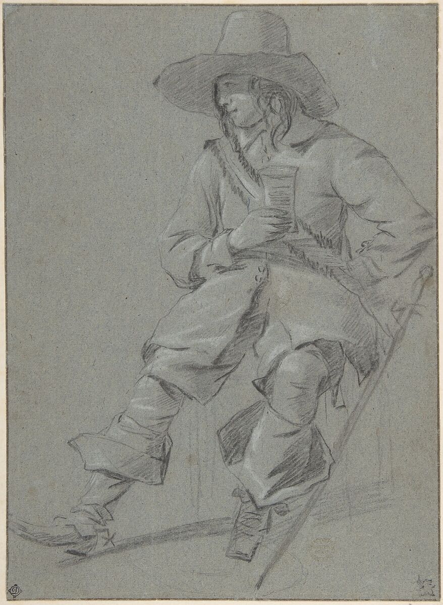 Seated Cavalier with Glass, Gabriël Metsu (Dutch, Leiden 1629–1667 Amsterdam), Black chalk heightened with white on blue gray paper. Pasted down. 