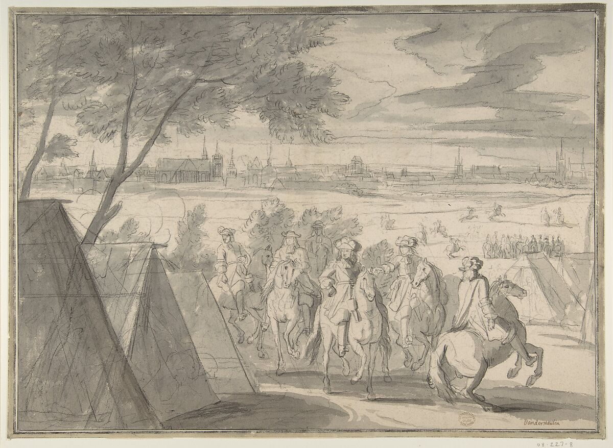 Louis XIV at the Siege of Douai, Seen from the South-East (July 1–6, 1667), Adam Frans van der Meulen (Flemish, Brussels 1632–1690 Paris), Black chalk, brush and gray wash; framing lines in pen and black ink 