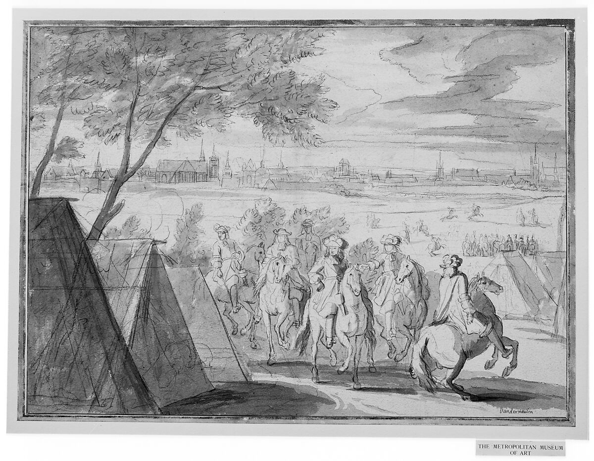 Louis XIV at the Siege of Douai, Seen from the South-East (July 1–6, 1667), Adam Frans van der Meulen (Flemish, Brussels 1632–1690 Paris), Black chalk, brush and gray wash; framing lines in pen and black ink