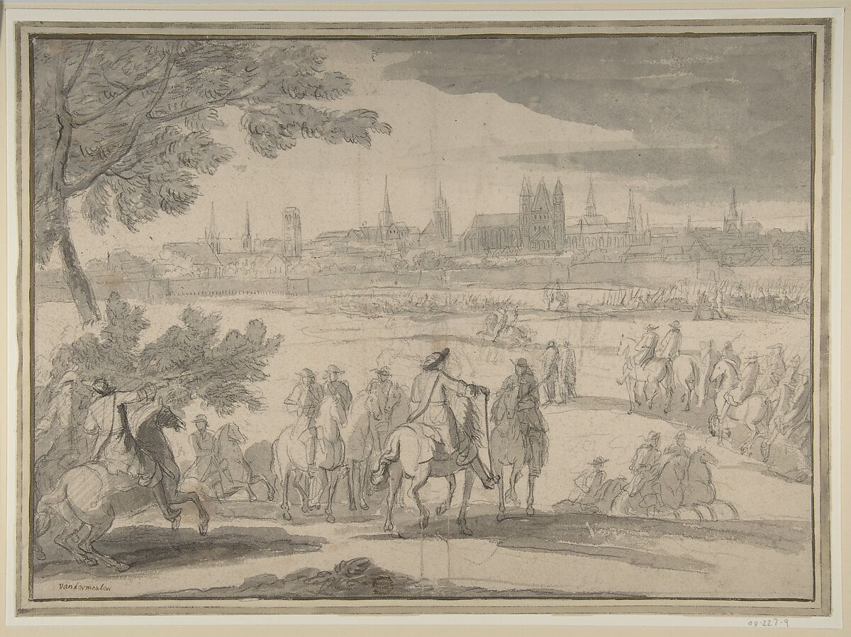 Louis XIV at the Siege of Tournai, Seen from the North-East (June 21–25, 1667), Adam Frans van der Meulen (Flemish, Brussels 1632–1690 Paris), Black chalk, brush and gray wash; framing lines in pen and black ink 