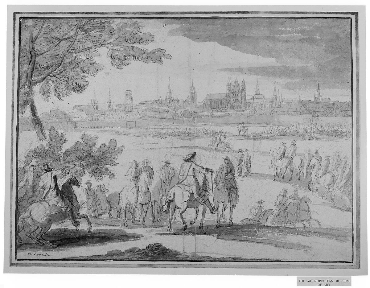 Louis XIV at the Siege of Tournai, Seen from the North-East (June 21–25, 1667), Adam Frans van der Meulen (Flemish, Brussels 1632–1690 Paris), Black chalk, brush and gray wash; framing lines in pen and black ink