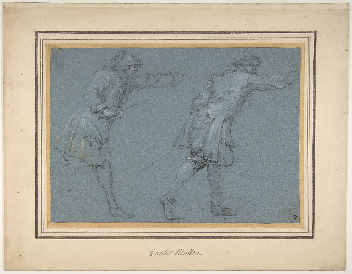 Study of Two Soldiers Swordfighting, Adam Frans van der Meulen (Flemish, Brussels 1632–1690 Paris), Black and white chalk, heightened with cream-colored gouache, on blue paper 