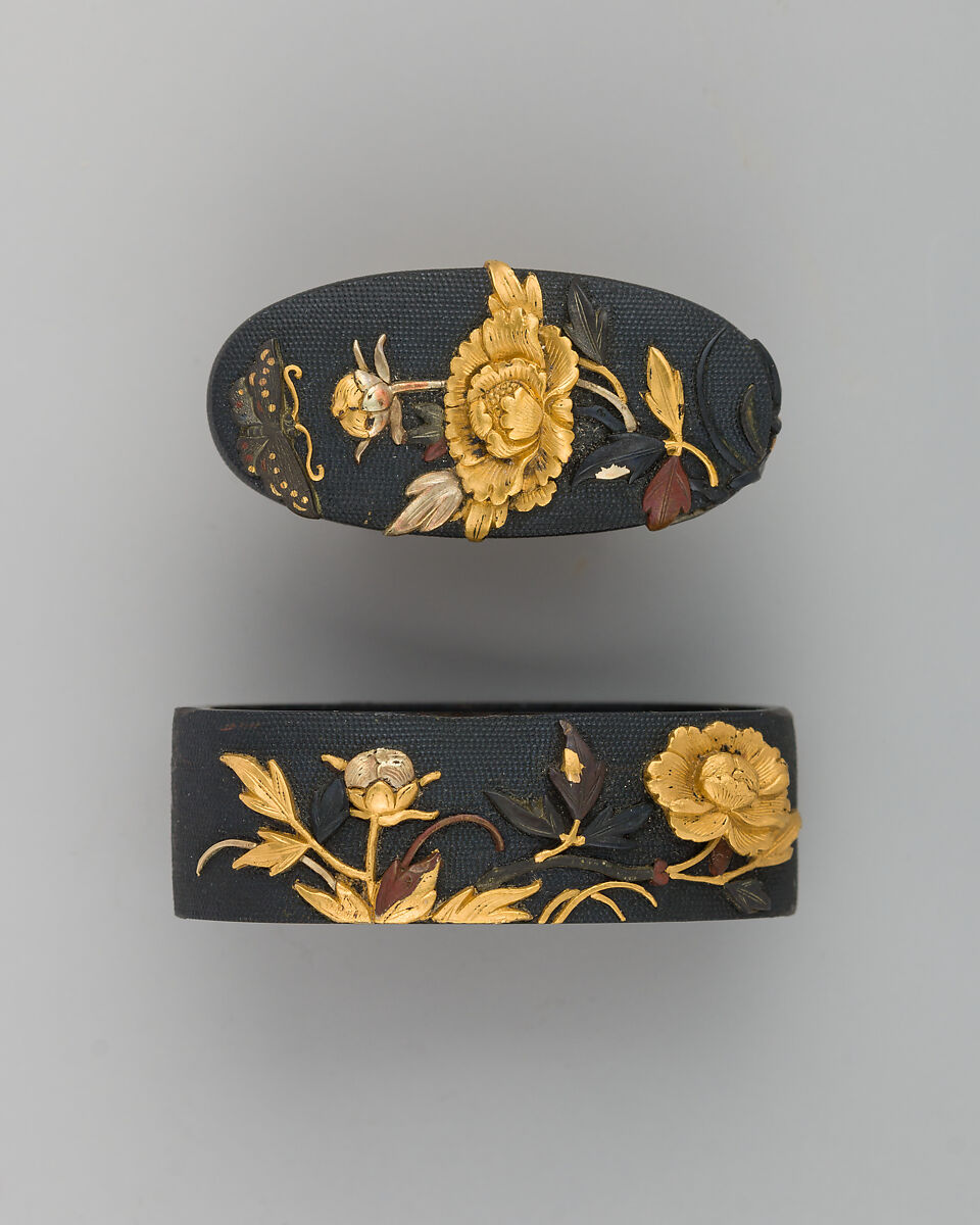 Sword-Hilt Collar and Pommel (Fuchigashira), Copper-gold alloy (shakudō), silver, copper, gold, Japanese 