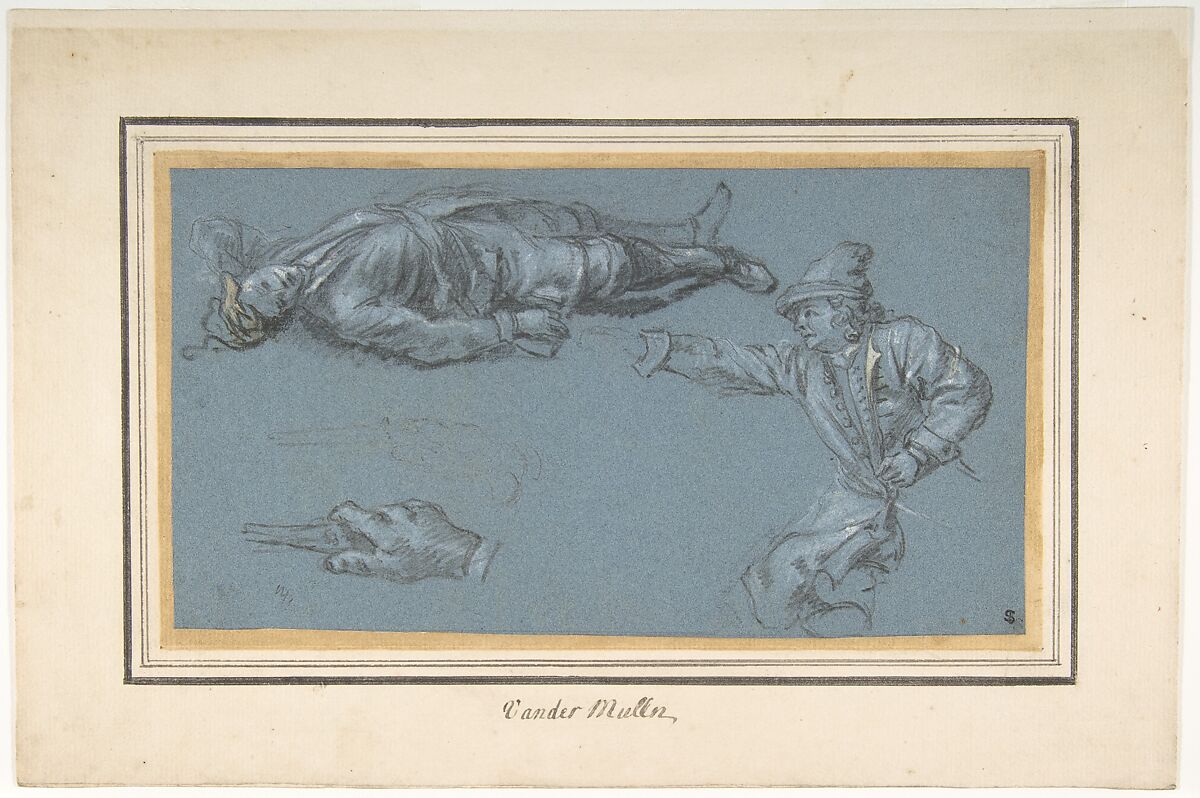Study of Two Soldiers and a Hand, Adam Frans van der Meulen (Flemish, Brussels 1632–1690 Paris), Black and white chalk, heightened with cream-colored gouache, on blue paper 