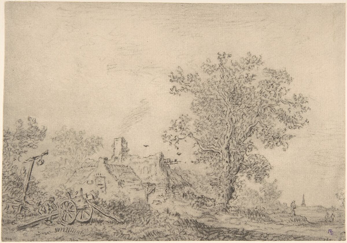 Landscape with cottages and a figure by a cart, Attributed to Pieter de Molijn (Dutch, London 1595–1661 Haarlem), Black chalk 