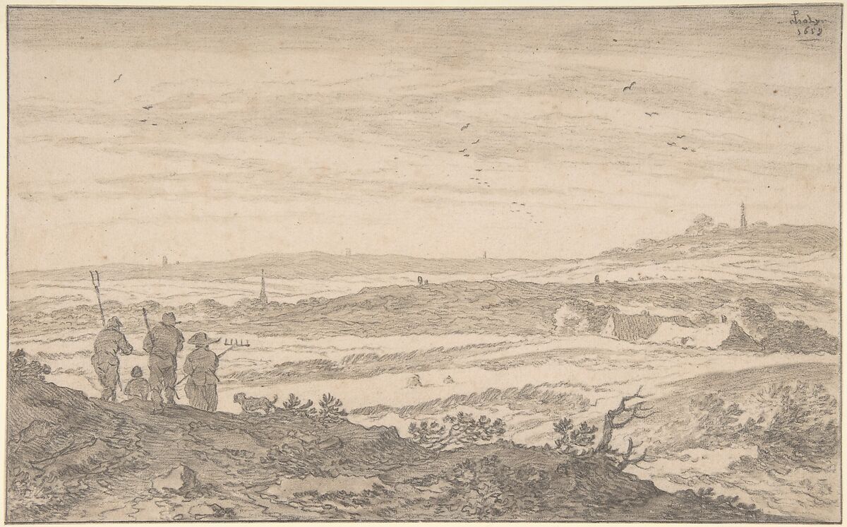 Landscape with Figures, Pieter de Molijn (Dutch, London 1595–1661 Haarlem), Black chalk, over brush and gray-brown ink 