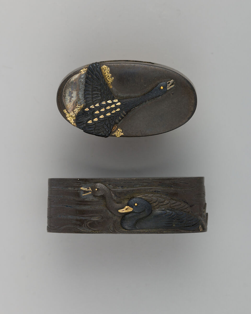Sword-Hilt Collar and Pommel (Fuchigashira), Copper-silver alloy (shibuichi), copper-gold alloy (shakudō), gold, Japanese 