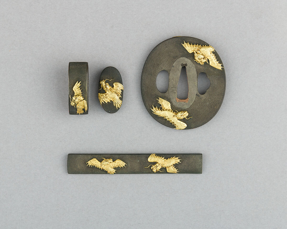 Sword-Hilt Collar and Pommel (Fuchigashira), Copper-silver alloy (shibuichi), gold, Japanese