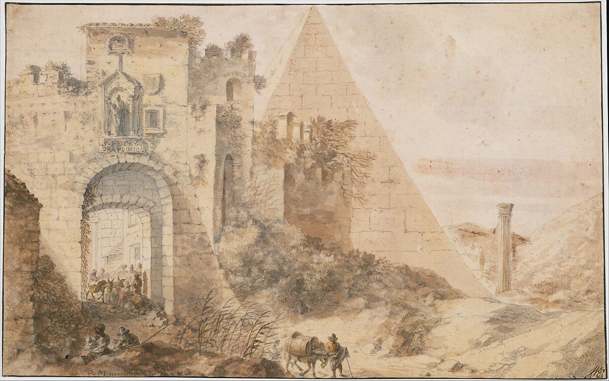 Pyramid of Cestius and the Porta San Paolo, Rome, Pieter Moninckx (Dutch, The Hague, 1606–1686 (?)), Brush and brown wash over black chalk; framing lines in pen and black ink