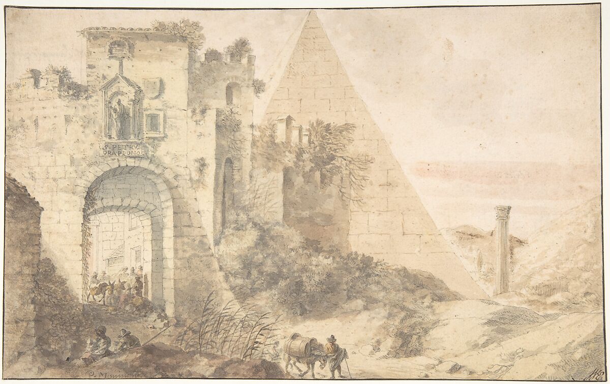 Pyramid of Cestius and the Porta San Paolo, Rome, Pieter Moninckx (Dutch, The Hague, 1606–1686 (?)), Brush and brown wash over black chalk; framing lines in pen and black ink 