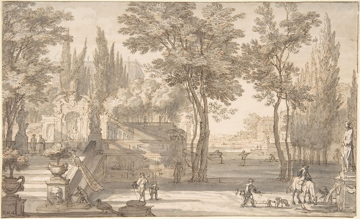 Classical Landscape, Isaac de Moucheron (Dutch, Amsterdam 1667–1744 Amsterdam), Pen and brown ink, brush and brown-gray ink. Framing line in pen & brown ink. 