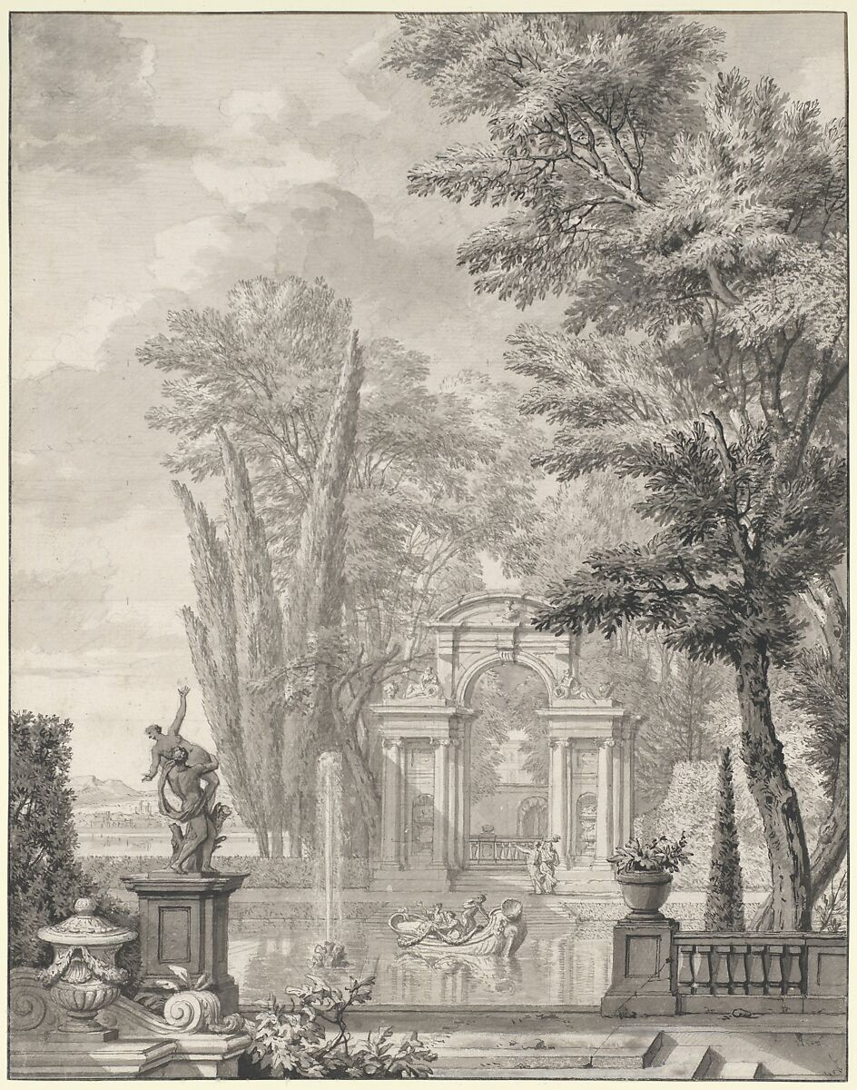 Landscape with Architecture, Isaac de Moucheron (Dutch, Amsterdam 1667–1744 Amsterdam), Pen and brown ink, brush and brown and black ink over traces of black chalk.