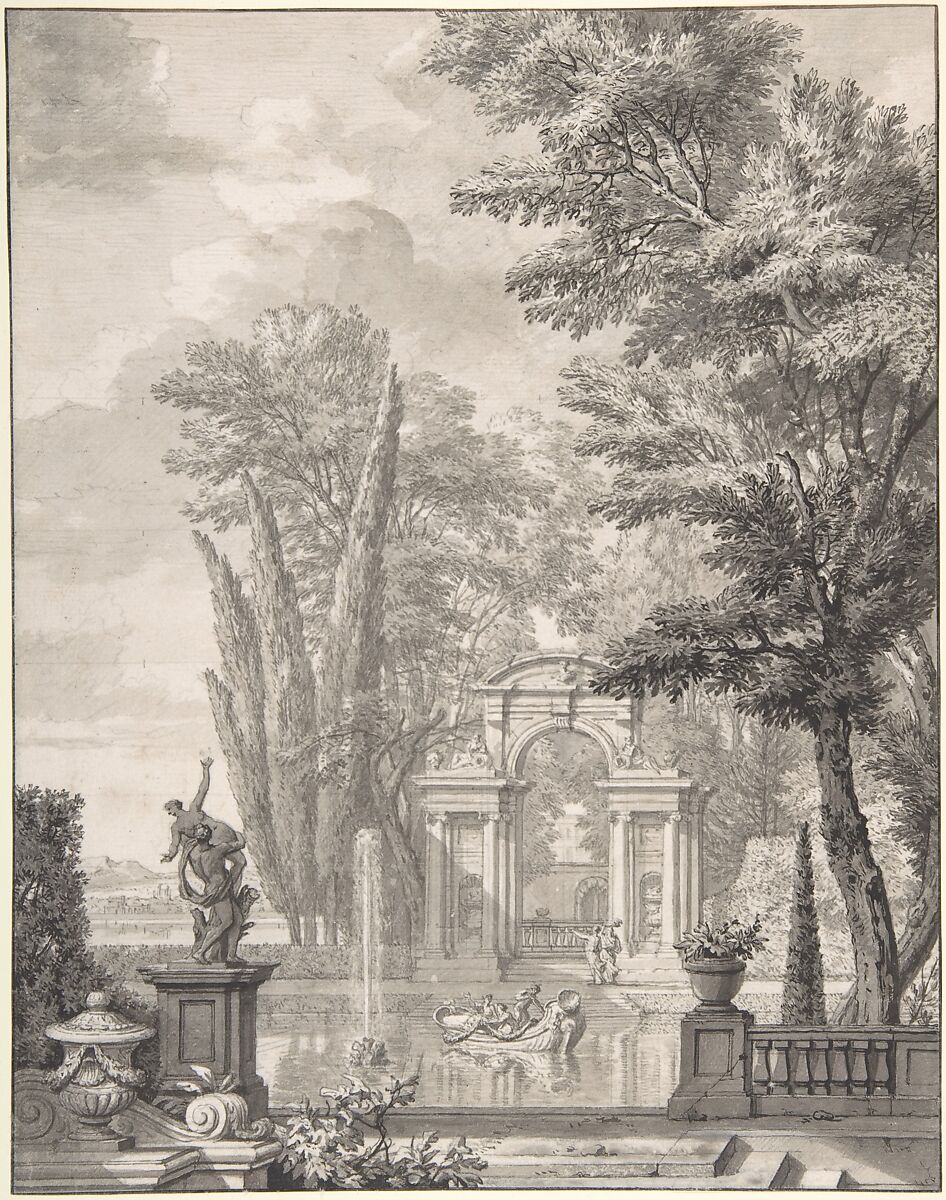 Landscape with Architecture, Isaac de Moucheron (Dutch, Amsterdam 1667–1744 Amsterdam), Pen and brown ink, brush and brown and black ink over traces of black chalk. 