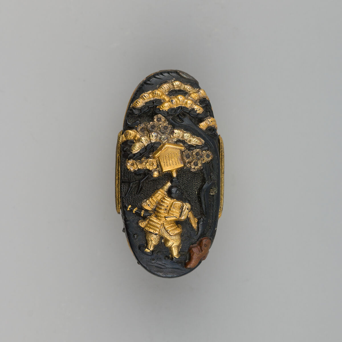 Sword Pommel (Kashira), Copper-gold alloy (shakudō), gold, silver, copper, Japanese 