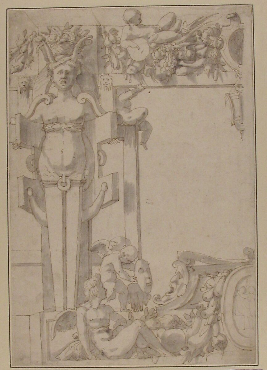 Design for a Wall Decoration, Attributed to Rosso Fiorentino (Italian, Florence 1494–1540 Fontainebleau), Pen and brown ink, brush and gray wash