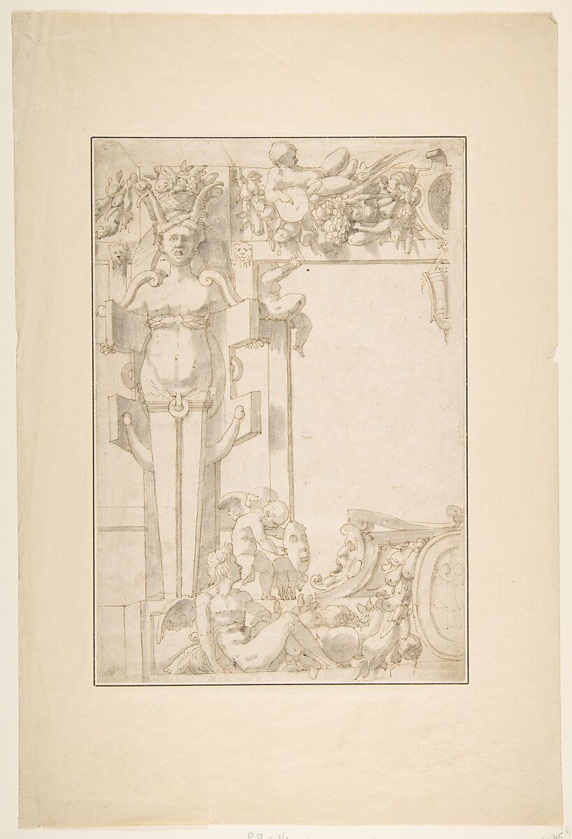 Design for a Wall Decoration, Attributed to Rosso Fiorentino (Italian, Florence 1494–1540 Fontainebleau), Pen and brown ink, brush and gray wash 