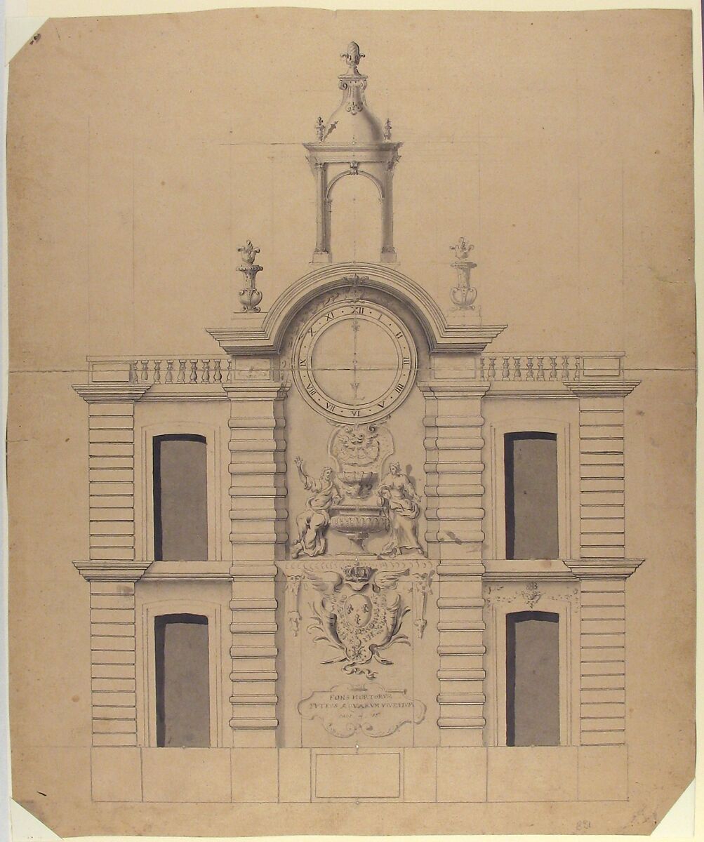 Elevation of the Pompe de la Samaritaine, Paris, Robert de Cotte (French, Paris 1656/57–1735 Paris), Pen and black ink, brush and gray wash, and graphite