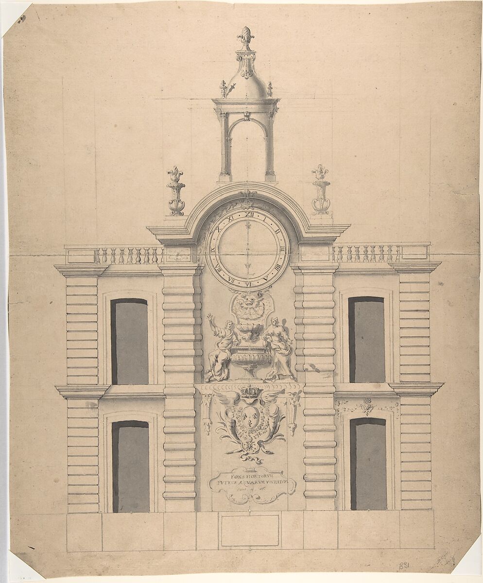 Elevation of the Pompe de la Samaritaine, Paris, Robert de Cotte (French, Paris 1656/57–1735 Paris), Pen and black ink, brush and gray wash, and graphite 