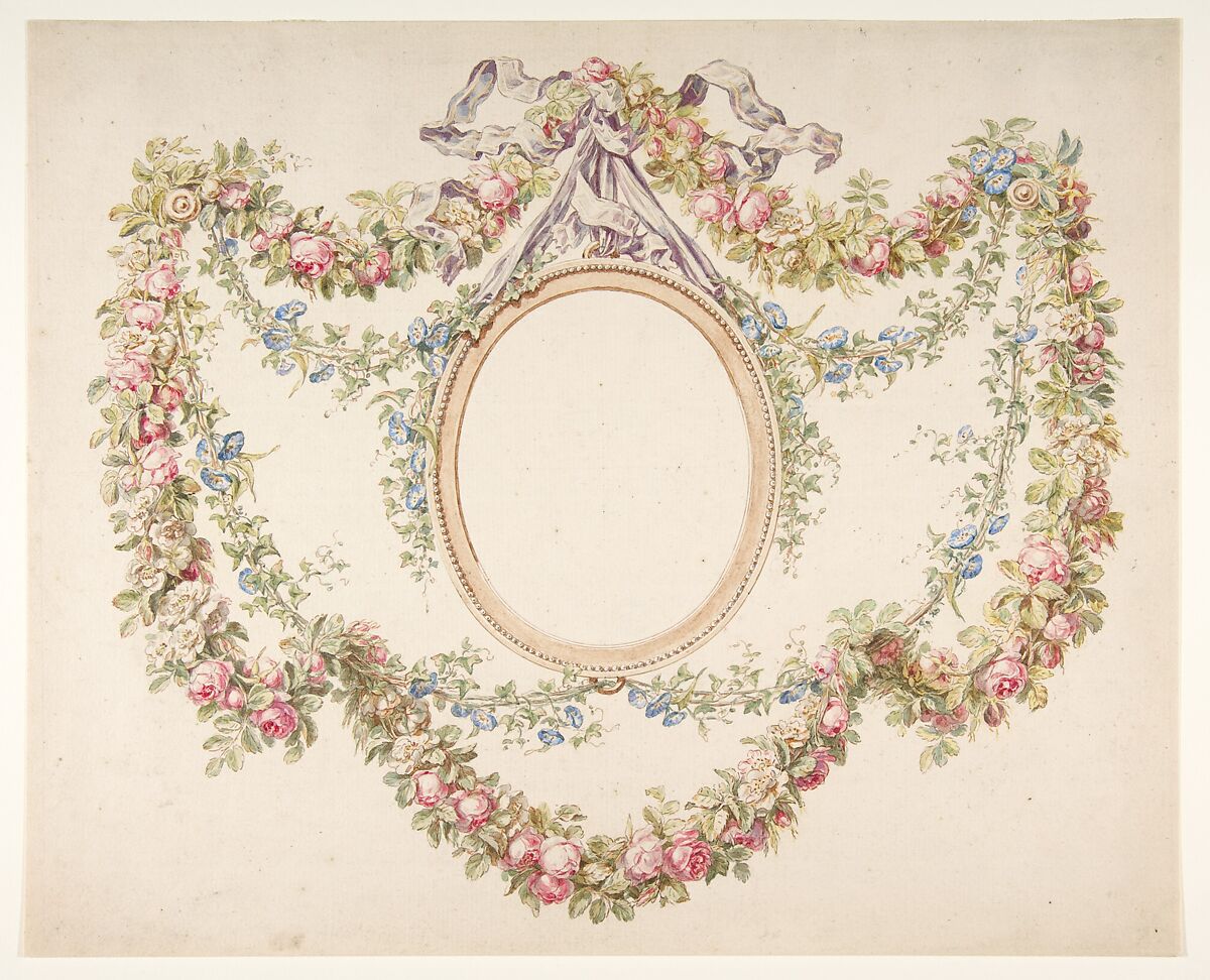 Floral Swags Framing an Empty Oval, Attributed to Jean Pillement (French, Lyons 1728–1808 Lyons), Pen and brown ink, brush and brown wash 