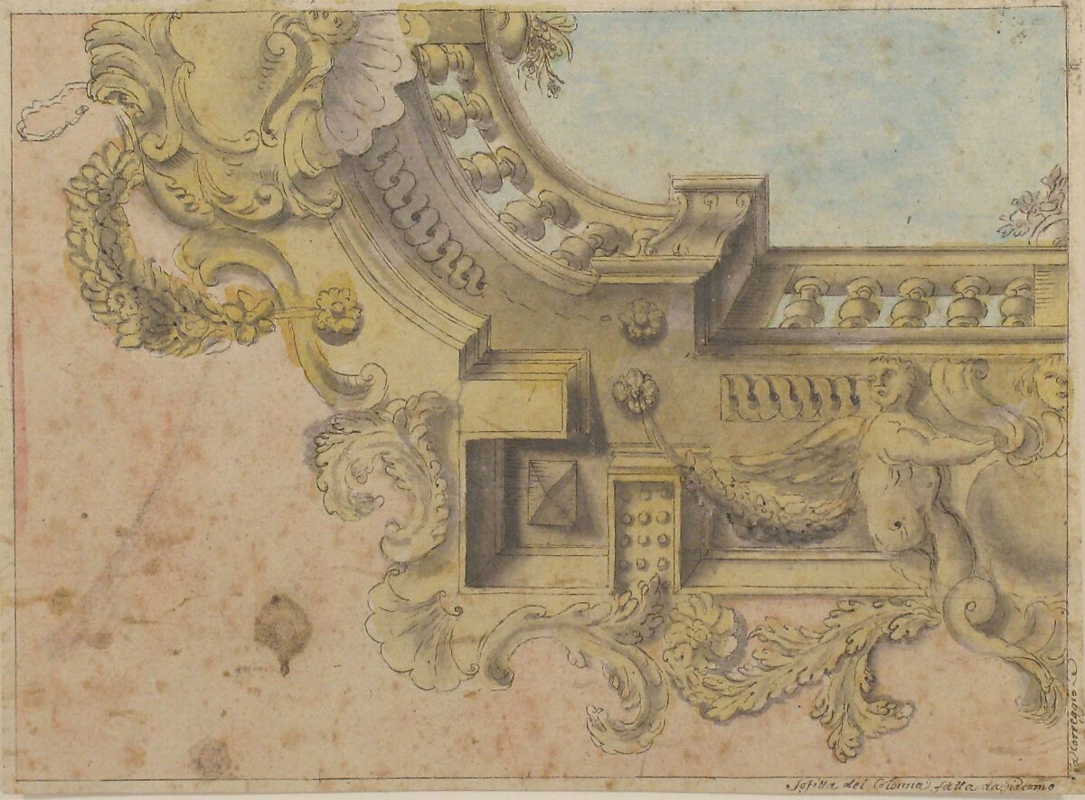 Design for a Decorated Ceiling with Putti and Garlands and a Forshortening of a Balustrade Around an Oculus, Workshop assistant of Michelangelo Colonna (Italian, Ravenna/Como 1604–1687 Bologna), Pen and black ink, brush with pink, yellow, blue and gray wash, over graphite