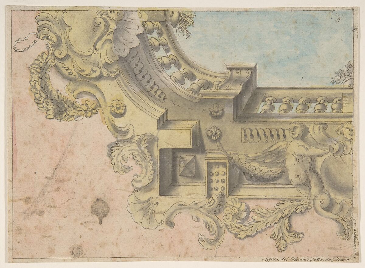 Design for a Decorated Ceiling with Putti and Garlands and a Forshortening of a Balustrade Around an Oculus., Workshop assistant of Michelangelo Colonna (Italian, Ravenna/Como 1604–1687 Bologna), Pen and black ink, brush with pink, yellow, blue and gray wash, over traces of graphite 