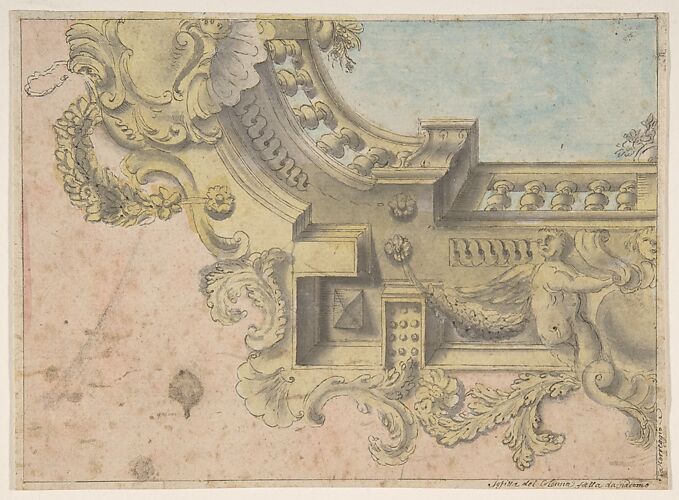 Design for a Decorated Ceiling with Putti and Garlands and a Forshortening of a Balustrade Around an Oculus.