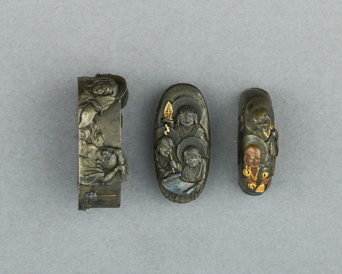 Set of Sword Fittings (Mitokoromono), Copper-silver alloy (shibuichi), gold, copper-gold alloy (shakudō), copper, Japanese