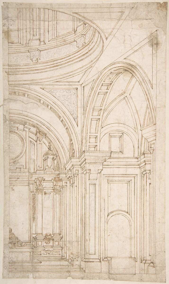 Design for the Interior of the East End of a Church, Attributed to Melchor de Aguirre (Spanish, died 1697), Graphite, pen and brown ink. Laid down 