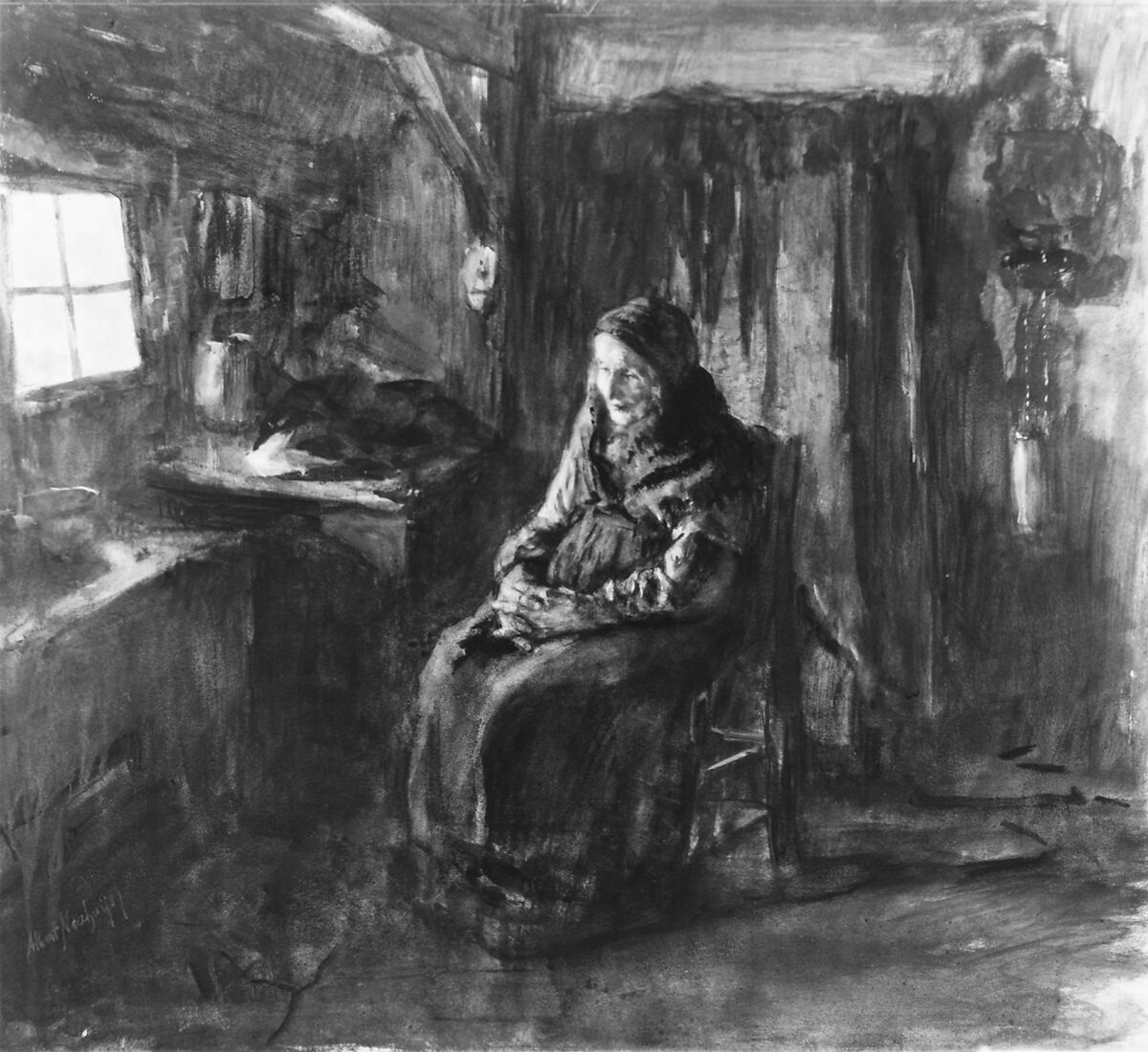 Dutch Interior with Figure of Old Woman, Albert Neuhuys (Dutch, Utrecht 1844–1914 Locarno), Watercolor 