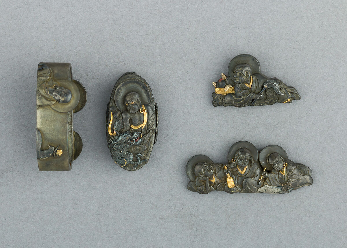 Set of Sword Fittings (Mitokoromono), Copper-silver alloy (shibuichi), gold, copper-gold alloy (shakudō), copper, silver, Japanese 
