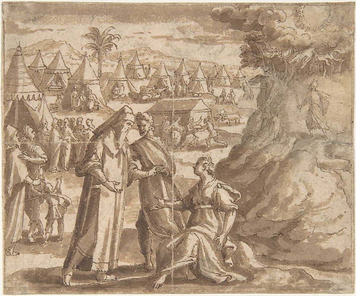 Aaron and Nadab Taking Leave of Elisheba (?), with the Israelites Camped before Mount Sinai and Moses Ascending the Mountain., Adam van Noort (Flemish, Antwerp 1561–1641 Antwerp), Pen and brown ink, brush and brown wash. Framing lines in pen and brown ink. Indented for transfer 