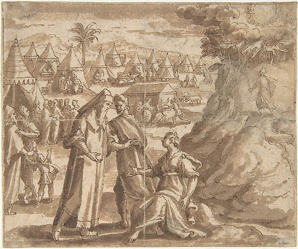 Aaron and Nadab Taking Leave of Elisheba (?), with the Israelites Camped before Mount Sinai and Moses Ascending the Mountain.