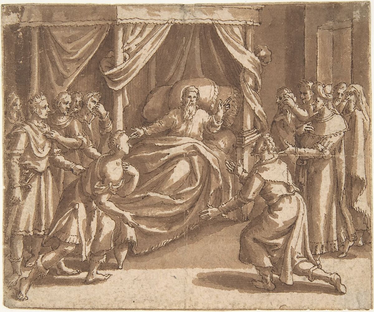 Jacob Blessing his Sons, Adam van Noort (Flemish, Antwerp 1561–1641 Antwerp), Pen and brown ink, brush and brown wash. Framing lines in pen and brown ink. Indented for transfer 