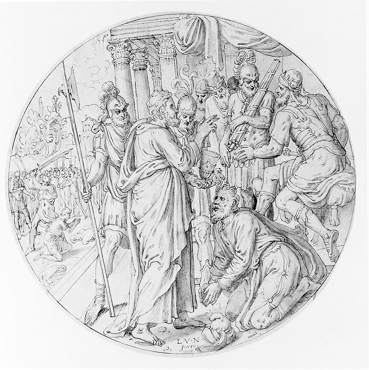 St. George and the Sorcerer of Dacian, Lambert van Noort (Netherlandish, Amersfoort ca. 1520–1570/71 Antwerp), Pen and brown ink, brush and blue wash, touches of white heightening, extremely faint traces of preliminary drawing in black chalk; framing lines in pen and brown ink