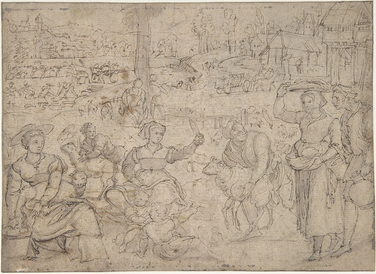 The Month of June, Shearing Sheep (recto); Couples Drinking Wine, The Month of October (verso), Master of the Months of Lucas (Netherlandish, active about 1535), Pen and brown ink, brush and light gray-brown wash (faded from violet?) 