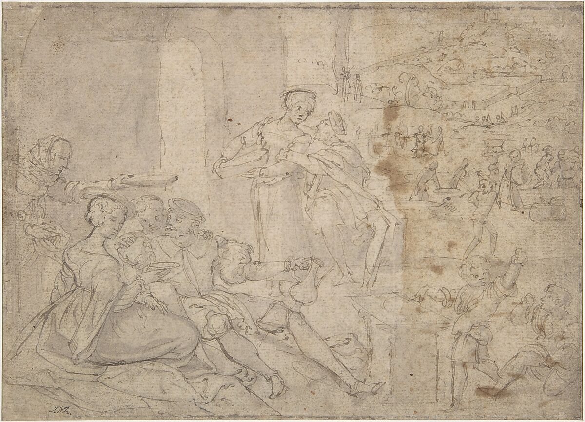 The Month of June, Shearing Sheep (recto); Couples Drinking Wine, The Month of October (verso), Master of the Months of Lucas (Netherlandish, active about 1535), Pen and brown ink, brush and light gray-brown wash (faded from violet?); framing lines in pen and brown ink