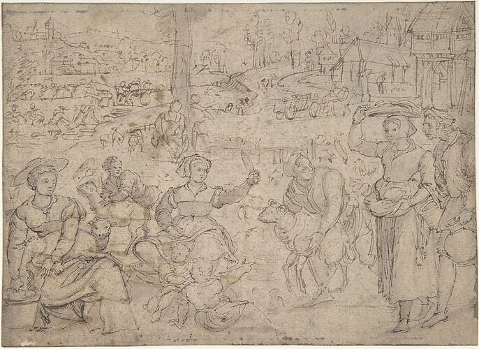 The Month of June, Shearing Sheep (recto); Couples Drinking Wine, The Month of October (verso)