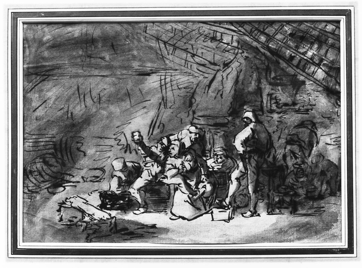 Scene in an Inn, Attributed to Adriaen van Ostade (Dutch, Haarlem 1610–1685 Haarlem), Pen and brown ink, brush and brown wash, over traces of black chalk